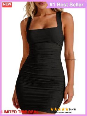 Sleeveless Square Neck Ruched Bodycon Mini Dress Stretchy Summer Party